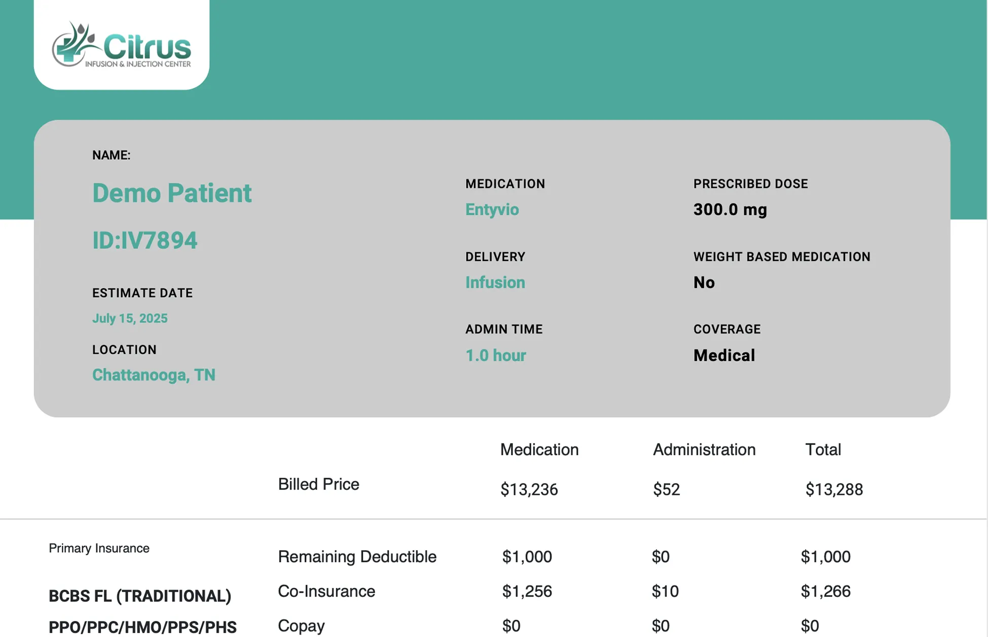 Sample insurance benefit verification document showing coverage details and patient responsibility