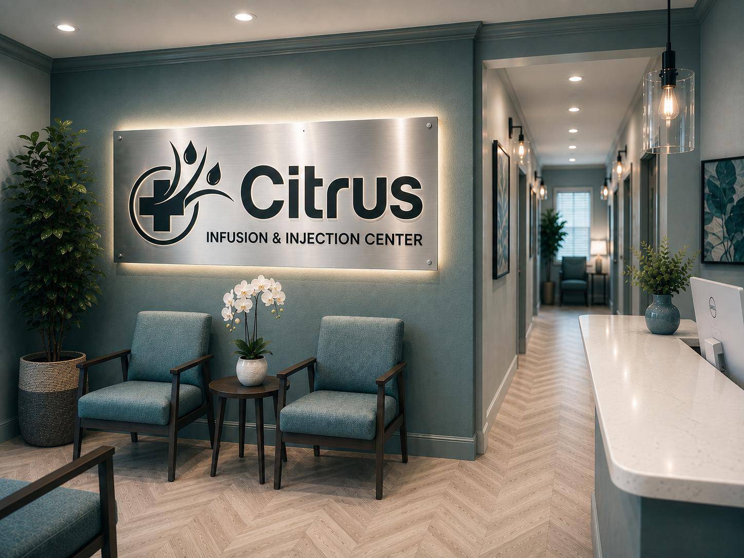 Citrus Infusion & Injection Center lobby with backlit brand sign