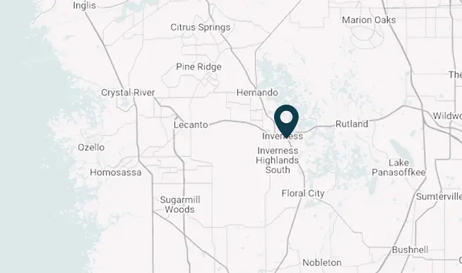 Map showing Inverness, Florida with surrounding areas like Crystal River, Lecanto, and Homosassa highlighted