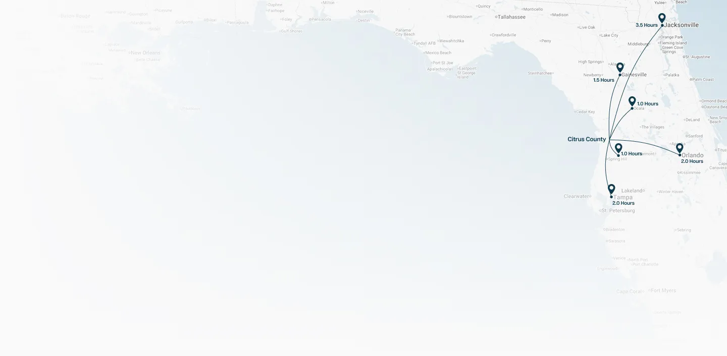 Regional travel time map showing Citrus County’s proximity to Tampa, Orlando, Gainesville, and Jacksonville