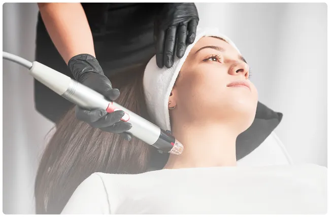 Close-up of a calm patient receiving a microneedling treatment for smoother, refreshed skin