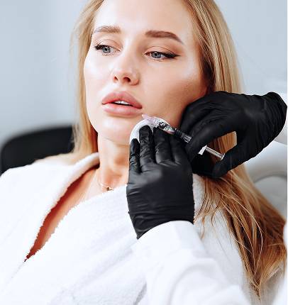 Woman receiving lip filler injection from aesthetic professional wearing black gloves in a clinical medspa setting